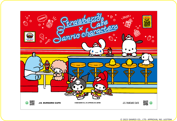「マイメロディ(ハート)シナモロールのいちごパンケーキ」をご注文でサンリオキャラクターズのコラボ限定シートをつけてご提供。