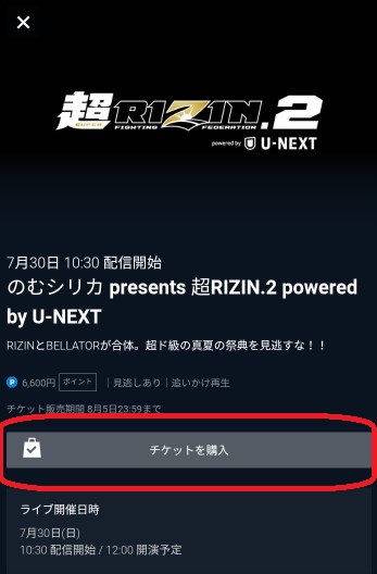 超RIZIN2 U-NEXT　チケット購入