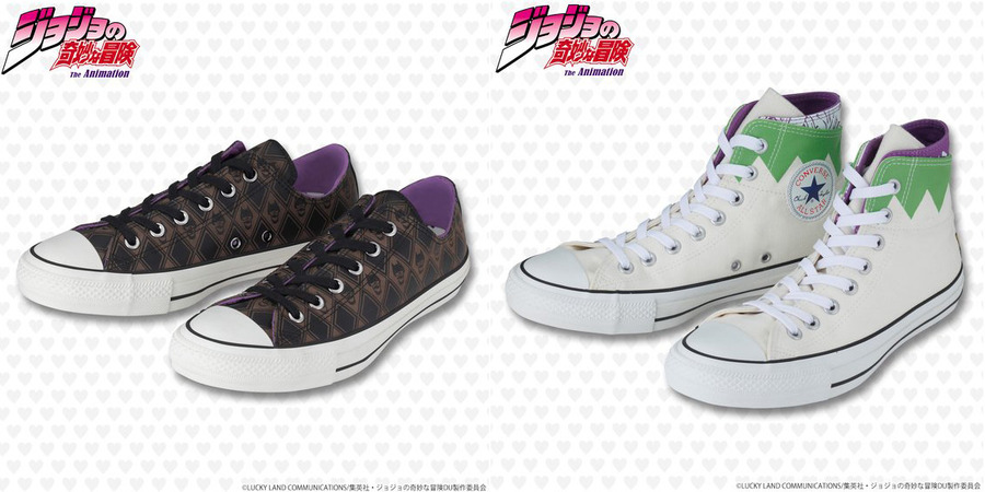 「【CONVERSE ALL STAR 100】ALL STAR 100 OX / JO 【ジョジョの奇妙な冒険　吉良吉影モデル】」23,760円（税込）／「【CONVERSE ALL STAR 100】ALL STAR 100 W HI / JO【ジョジョの奇妙な冒険　岸辺露伴モデル】」12,960円（税込）（C）荒木飛呂彦&LUCKY LAND COMMUNICATIONS/集英社・ジョジョの奇妙な冒険SC製作委員会