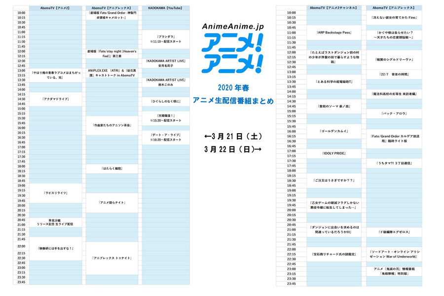 【3月21日～22日】2020年春アニメ生配信番組