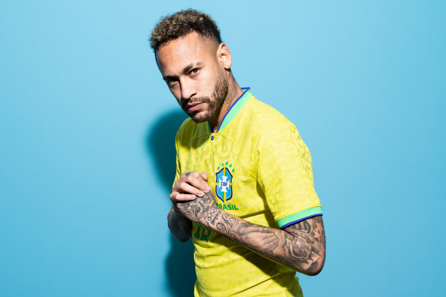 Brazil Portraits - FIFA World Cup Qatar 2022DOHA, QATAR - NOVEMBER 20: Neymar of Brazil poses during the official FIFA World Cup Qatar 2022 portrait session on November 20, 2022 in Doha, Qatar. (Photo by Buda Mendes - FIFA/FIFA via Getty Images)