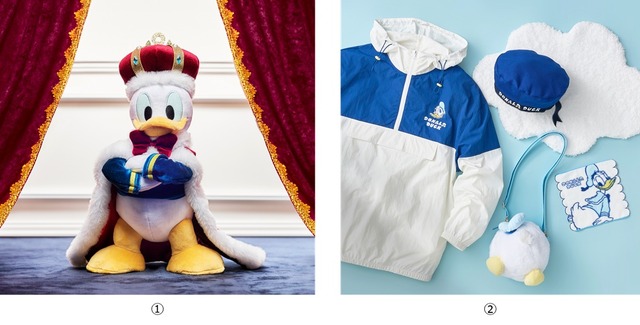 「DONALD THE KING BIRTHDAY」ぬいぐるみ 5000円「DONALD MOKOMOKO BIRTHDAY」ブルゾン 8,800円／ベレー帽 4,000円／マルチポシェット 3,300円／ミニタオル 900円 （C）Disney