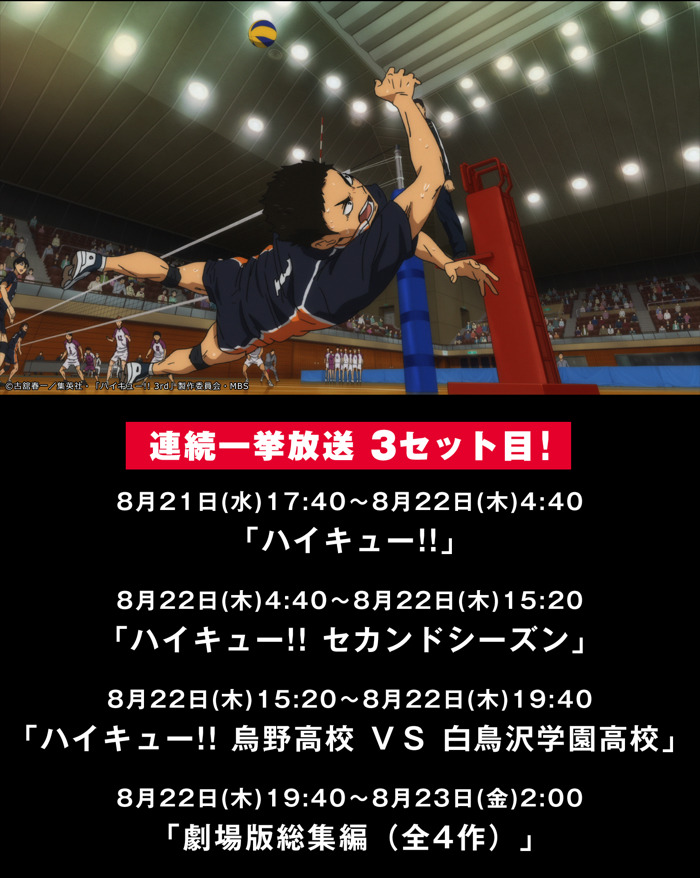 ハイキュー Tvアニメ全60話 劇場版総集編4作品が一挙放送 Abematvにて 4枚目の写真 画像 アニメ アニメ