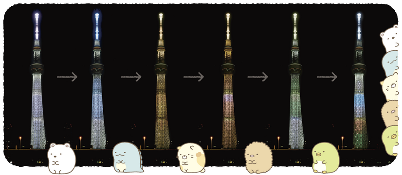 「そらのおばけのナイトパーク in TOKYO SKYTREE」特別ライティング 通常のすみっコぐらしバージョン（C）2022 SANX CO., LTD. ALL RIGHTS RESERVED. （C）TOKYO SKYTREE