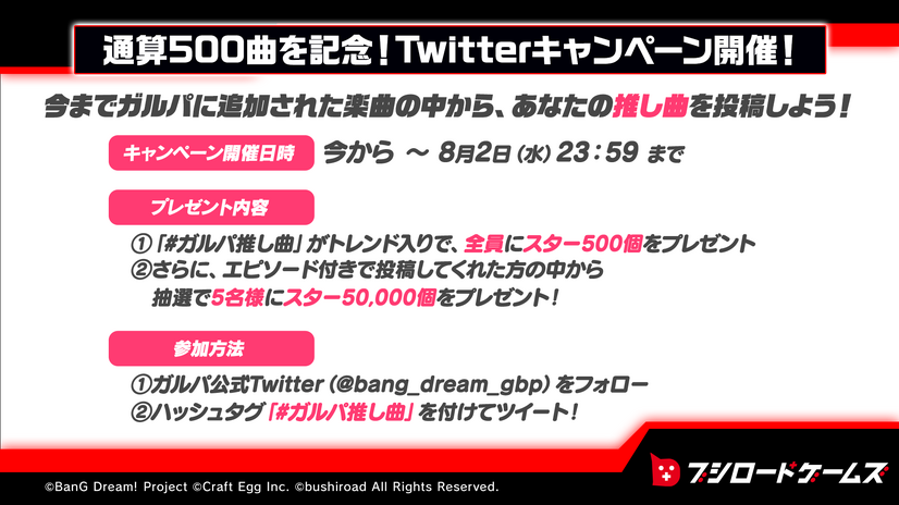 『バンドリ！ ガールズバンドパーティ！』通算500曲リリース記念！ガルパ推し曲キャンペーン」（C）BanG Dream! Project （C）Craft Egg Inc. （C）bushiroad All Rights Reserved.