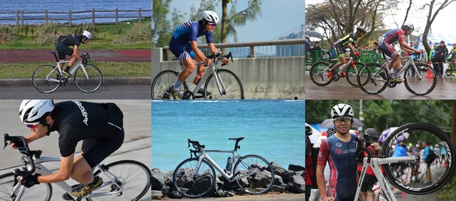 (上下段左)伊豆大島にてプロトタイプのテスト走行を実施、(上段中央)香港サイクロソン2017にプロトタイプ出場、(下段中央)ホノルルセンチュリーライド2017にプロトタイプ出場、(上下段右)2017ジャパンカップ クリテリウムにプロトタイプ出場(C)創通・サンライズ