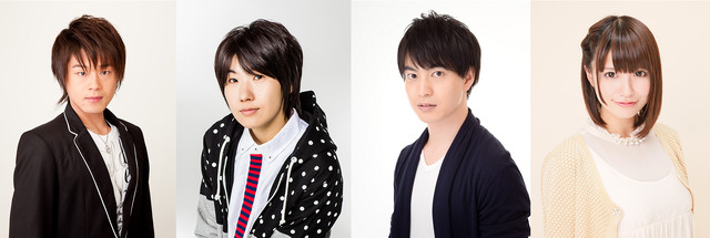 『gdメン』キャスト（左からライト：松岡禎丞、ヨミ：山本和臣、アルファ：小林裕介、メロディ：原奈津子）