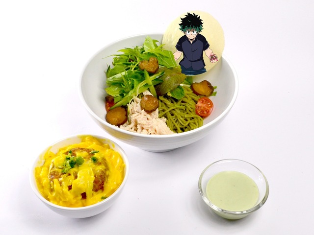 「僕のヒーローアカデミア in J-WORLD TOKYO」緑谷出久のミニメンチカツ丼＆グリーンサラダ茶そば(960円)(C)堀越耕平／集英社・僕のヒーローアカデミア製作委員会