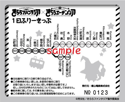 １日乗車券（裏） 『きららファンタジア』１日乗車券・特別入場券セット / 2,050円 (C)芳文社／きららファンタジア製作委員会