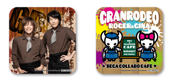ロックスターパフェ特典 パフェコースター（左）／　ロジャー＆ジーナパフェ特典 パフェコースター（右）(C)BANDAINAMCO Arts Inc./Lantis Records (C)SEGA