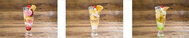 「セガコラボカフェ ラブライブ！サンシャイン!! feat. サクラ大戦」ラブライブ！サンシャイン!!パフェ(1年生)（左）／ラブライブ！サンシャイン!!パフェ(2年生)（中）／ラブライブ！サンシャイン!!パフェ(3年生)（右）各1,000円(C)2017 プロジェクトラブライブ!サンシャイン!! (C)SEGA