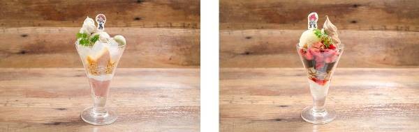 （左）麗日お茶子のほうじ茶パフェ　900円（税込）（右）切島鋭児郎のザクザクパフェ 900円（税込）（C）堀越耕平／集英社・僕のヒーローアカデミア製作委員会　　（C）SEGA