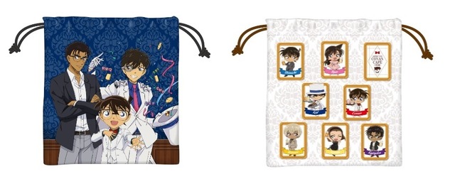 巾着 2種（パーティー/ミニキャラ）　各750円（C）青山剛昌／小学館・読売テレビ・TMS 1996（C）2019 青山剛昌／名探偵コナン製作委員会