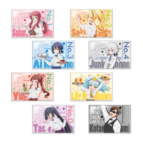 「ゾンビランドサガ カフェ presented by MAPPA」スクエア缶バッジ (全 8 種ランダム) 500 円（C）ゾンビランドサガ製作委員会