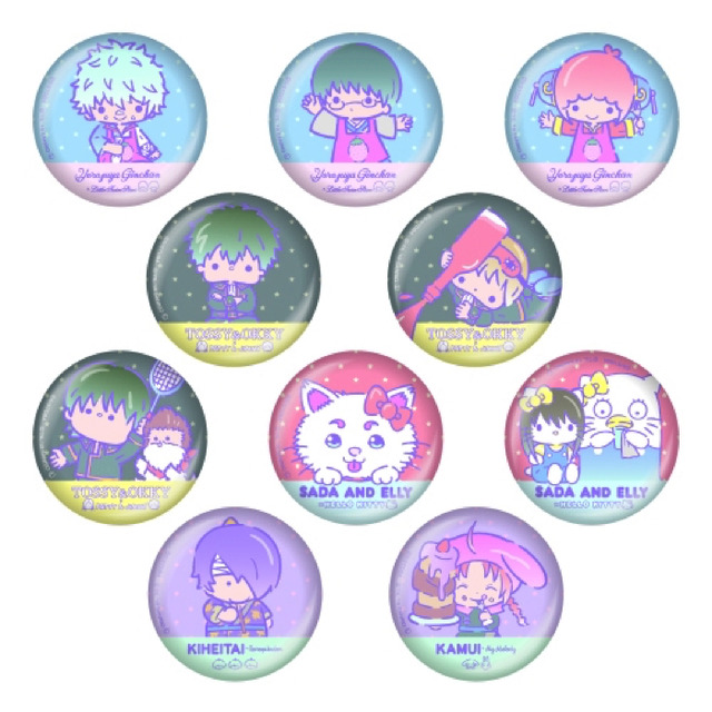 「『銀魂×Sanrio characters』コラボカフェ」缶バッジ（10種ランダム）　450円（C）空知英秋／集英社・テレビ東京・電通・BNP・アニプレックス（C）1976,1982,2019 SANRIO CO.,LTD. TOKYO,JAPAN