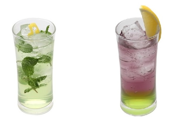 「エヴァンゲリオン酒場」ミント・カヲルモヒート(ノンアルコール)、初号機ドリンク(ノンアルコール)各 390 円（C）カラー