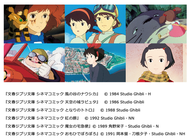 「文春ジブリ文庫 シネマコミック」『文春ジブリ文庫 シネマコミック 風の谷のナウシカ』（C）1984 Studio Ghibli・H『文春ジブリ文庫 シネマコミック 天空の城ラピュタ』（C）1986 Studio Ghibli『文春ジブリ文庫 シネマコミック となりのトトロ』（C）1988 Studio Ghibli『文春ジブリ文庫 シネマコミック 紅の豚』（C）1992 Studio Ghibli・NN『文春ジブリ文庫 シネマコミック 魔女の宅急便』（C）1989 角野栄子・Studio Ghibli・N『文春ジブリ文庫 シネマコミック おもひでぽろぽろ』（C）1991 岡本螢・刀根夕子・Studio Ghibli・NH
