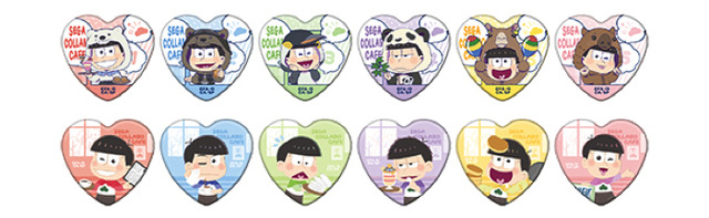 「セガコラボカフェ おそ松さん×しろくまカフェ ハート型缶バッジ B（全12種）」400円（税込）（C）赤塚不二夫／おそ松さん製作委員会　（C）ヒガアロハ／しろくまカフェ製作委員会 2012　（C）SEGA
