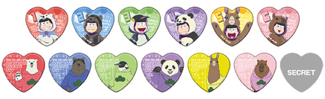 「セガコラボカフェ おそ松さん×しろくまカフェ ハート型缶バッジ A（全13種）」400円（税込）（C）赤塚不二夫／おそ松さん製作委員会　（C）ヒガアロハ／しろくまカフェ製作委員会 2012　（C）SEGA