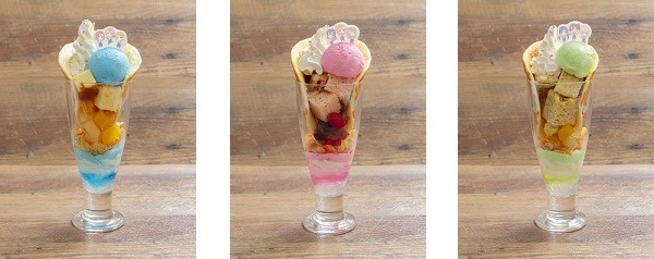 ラブライブ！パフェ(μ’ｓ 1年生)※ラムネ味／(μ’ｓ 2年生)※ストロベリー味／(μ’ｓ 3年生)※マスカット味　各1,000円（税込）（C）2013 プロジェクトラブライブ！（C）2017 プロジェクトラブライブ！サンシャイン!! （C）KLabGames （C）SUNRISE （C）bushiroad All Rights Reserved.（C）SQUARE ENIX CO. ,LTD. （C）SEGA