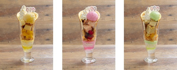 ラブライブ！パフェ(虹ヶ咲学園スクールアイドル同好会 1年生)※マンゴー味／(虹ヶ咲学園スクールアイドル同好会 2年生)※ストロベリー味／(虹ヶ咲学園スクールアイドル同好会 3年生)※マスカット味　各1,000円（税込）（C）2013 プロジェクトラブライブ！（C）2017 プロジェクトラブライブ！サンシャイン!! （C）KLabGames （C）SUNRISE （C）bushiroad All Rights Reserved.（C）SQUARE ENIX CO. ,LTD. （C）SEGA