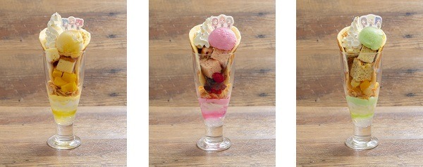 ・ラブライブ！パフェ(Aqours 1年生)※マンゴー味／(Aqours 2年生)※ストロベリー味／(Aqours 3年生)※マスカット味　各1,000円（税込）（C）2013 プロジェクトラブライブ！（C）2017 プロジェクトラブライブ！サンシャイン!! （C）KLabGames （C）SUNRISE （C）bushiroad All Rights Reserved.（C）SQUARE ENIX CO. ,LTD. （C）SEGA