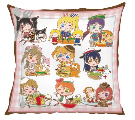 「ラブライブ！シリーズ×サンリオキャラクターズカフェ」クッションカバー（μ's）    3,000 円 （C）2013 PL! （C）2017 PL!S  （C）'76,'79,'84,'86,'88,'89,'92,'93,'96,'98,'01,'05,'12,'14,'19 SANRIO CO., LTD.