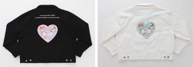 【ふたりはプリキュア×ハローキティ ファッションアイテムシリーズ】デニムジャケット ブラック/ホワイト　各14,500円（C） 1976, 2019 SANRIO CO., LTD. 著作株式会社サンリオ