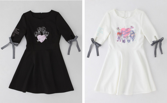 【ふたりはプリキュア×ハローキティ ファッションアイテムシリーズ】袖リボンワンピース ブラック/ホワイト　各8,200円（C） 1976, 2019 SANRIO CO., LTD. 著作株式会社サンリオ