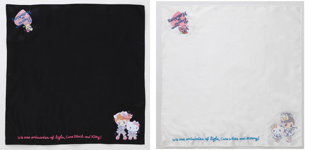 【ふたりはプリキュア×ハローキティ ファッションアイテムシリーズ】刺繍スカーフ ブラック/ホワイト　各8,500円（C） 1976, 2019 SANRIO CO., LTD. 著作株式会社サンリオ