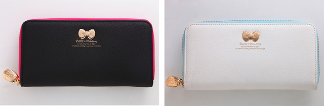 【ふたりはプリキュア×ハローキティ レザーシリーズ】レザーウォレット ブラック/ホワイト　各6,100円（C） ABC-A・東映アニメーション（C） 1976, 2019 SANRIO CO., LTD. 著作株式会社サンリオ