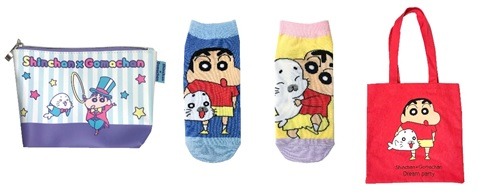 「Shinchan × Gomachan Dream Party」「しんちゃん×ゴマちゃん」トラベル巾着（800円・税抜）、キャラっクス（380円・税抜）、カラートートバッグ（1,200円・税抜）（C）臼井儀人／双葉社・シンエイ・テレビ朝日・ADK（C）森下裕美・OOP／Team Goma