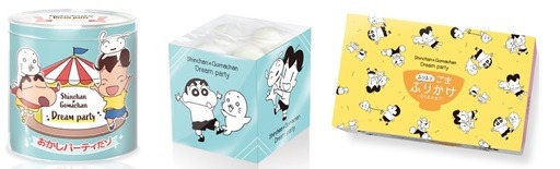 「Shinchan × Gomachan Dream Party」シロいろグミ（600円・税抜）、ふりふりごまふりかけ（1,200円・税抜）、おかしパーティだゾ（1,000円・税抜）（C）臼井儀人／双葉社・シンエイ・テレビ朝日・ADK（C）森下裕美・OOP／Team Goma