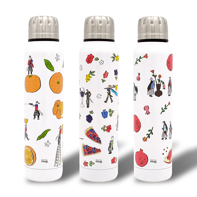 「thermo mug ステンレスボトル」陸奥守吉行とミカン、長船派とミックスベリー、和泉守兼定・歌仙兼定とザクロ 各3,800円（税抜）(C) 2015-2018 DMM GAMES/Nitroplus