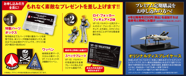 「超時空要塞マクロス VF-1バルキリー ファイターモード ダイキャストギミックモデルをつくる」創刊号特別価格：272円（税別）、2号以降：1,817円（税別）（C）1982.1984 BIGWEST