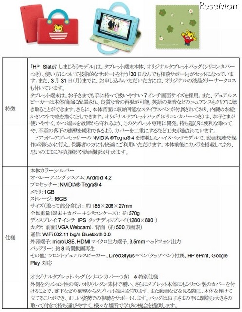 HP Slate7 しまじろうモデルの特徴・仕様