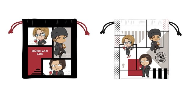 【赤井秀一カフェ（緋色編）】「巾着2種（黒 / 白）」各750円 （C）青山剛昌／小学館・読売テレビ・TMS 1996（C）2020 青山剛昌／名探偵コナン製作委員会