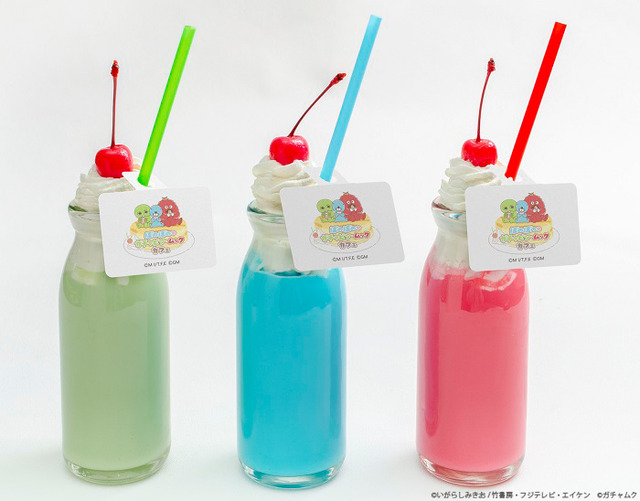 左から、ガチャピンのメロンミルク、ぼのぼののヨーグルトミルク、ムックのイチゴミルク 各980円（税抜）（C）いがらしみきお / 竹書房・フジテレビ・エイケン　（C）ガチャムク