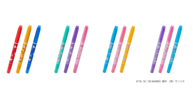 「プレイカラードット ツインマーカー3色セット（全4種）」各770円（C）’76, ’79, ’84, ’85, ’88, ’89, ’90, ’96, ’01, ’05, ’12, ’20 SANRIO 著作 （株）サンリオ