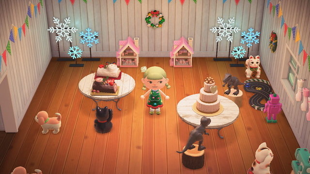 『あつまれ どうぶつの森』でもクリスマスパーティ！お家イルミネーションにうっとり、まねきねこと恐竜はケーキ早食い対決？