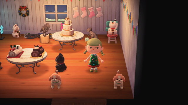 『あつまれ どうぶつの森』でもクリスマスパーティ！お家イルミネーションにうっとり、まねきねこと恐竜はケーキ早食い対決？