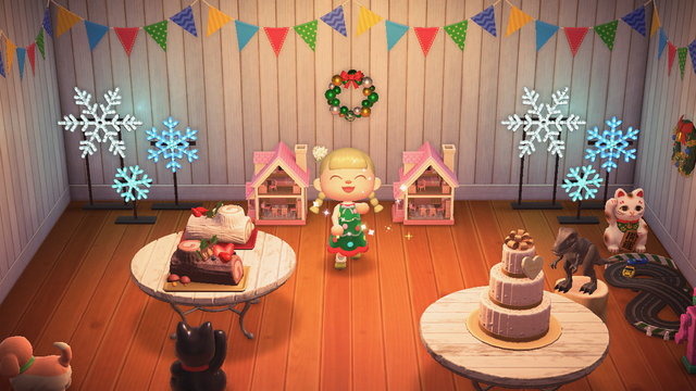 『あつまれ どうぶつの森』でもクリスマスパーティ！お家イルミネーションにうっとり、まねきねこと恐竜はケーキ早食い対決？
