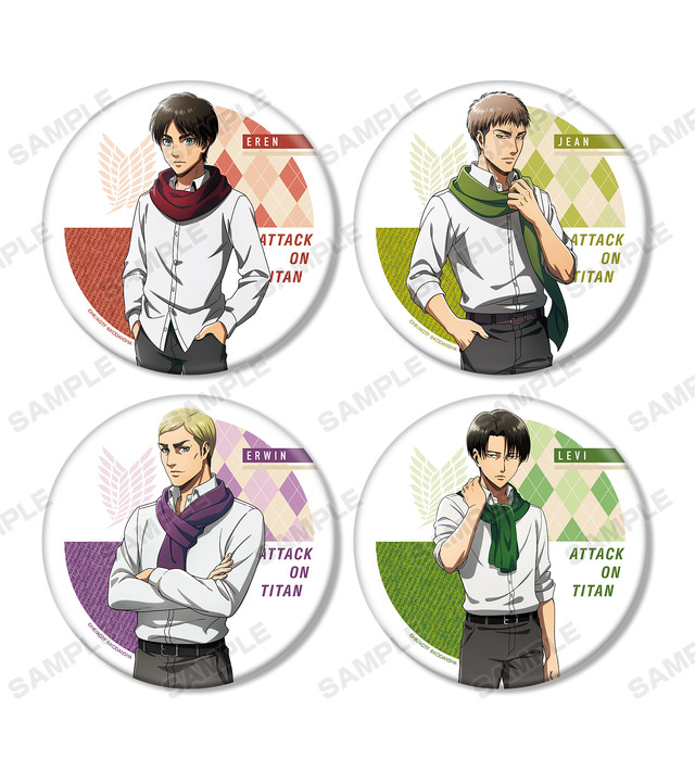 描き下ろしイラスト マフラー着用ver. BIG缶バッジ（全4種）各1,000円（税別）（C）諫山創・講談社／「進撃の巨人」The Final Season製作委員会 （R）KODANSHA
