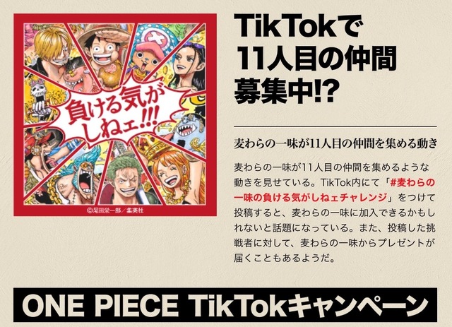 「負ける気がしねェ!!! 麦わらの一味集結 TikTok キャンペーン」キャンペーンサイトキャプチャ写真（C）尾田栄一郎／集英社