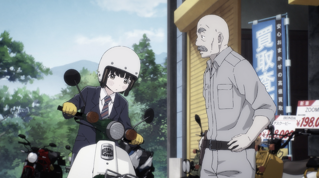 『スーパーカブ』第1話「ないないの女の子」先行場面カット（C）Tone Koken,hiro/ベアモータース