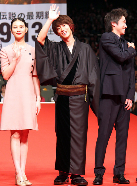 佐藤健（緋村剣心役）＆武井咲（神谷薫役）＆藤原竜也（志々雄真実役）／『るろうに剣心 京都大火編』完成披露試写会