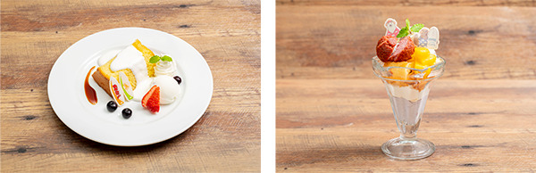 「セガコラボカフェ おそ松さん×しろくまカフェ」おそ松さん × しろくまカフェ 南国気分のデザートプレート・シロクマくん＆グリズリーさんのさたぱんびんパフェ（C）赤塚不二夫／おそ松さん製作委員会　（C）ヒガアロハ／しろくまカフェ製作委員会 2012（C）GENDA SEGA Entertainment Inc.