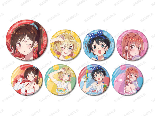 「描き下ろしイラスト ビーチデートver. トレーディング缶バッジ（全8種）」単品：440円（税込）／BOX：3,520円（税込）（C）宮島礼吏・講談社／「彼女、お借りします」製作委員会（R）KODANSHA