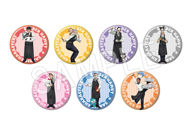 「『ゴールデンカムイ×サンリオキャラクターズ』×Chugai Grace Cafe」ゴールデンカムイ×サンリオキャラクターズ　トレーディング缶バッジ(ランダムホロ入り)カフェver.（全7種）（C）野田サトル／集英社・ゴールデンカムイ製作委員会（C）2022 SANRIO CO., LTD. TOKYO, JAPAN(L)