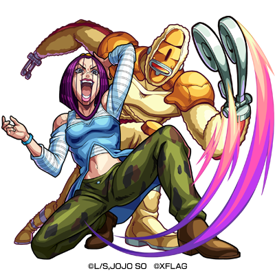 「闇属性　★6 チンケな強盗 ミラション （進化合成後）　CV：近藤唯」（C）LUCKY LAND COMMUNICATIONS/集英社・ジョジョの奇妙な冒険SO製作委員会（C）XFLAG